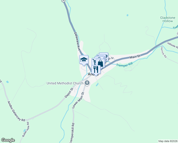 map of restaurants, bars, coffee shops, grocery stores, and more near 411 Lower Main St in Andes