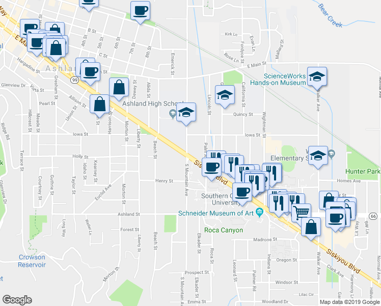 map of restaurants, bars, coffee shops, grocery stores, and more near 993 Siskiyou Boulevard in Ashland