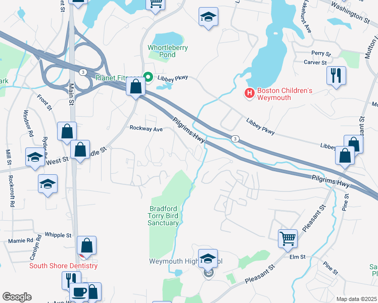 map of restaurants, bars, coffee shops, grocery stores, and more near 56 Audubon Road in Weymouth