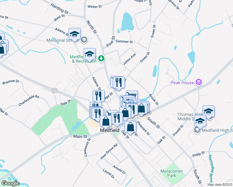 map of restaurants, bars, coffee shops, grocery stores, and more near 9 Mitchell Street in Medfield