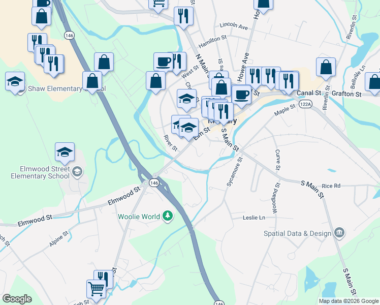 map of restaurants, bars, coffee shops, grocery stores, and more near 133 Elm Street in Millbury