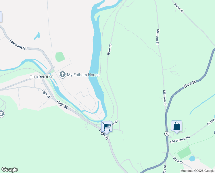 map of restaurants, bars, coffee shops, grocery stores, and more near 116 River Street in Palmer