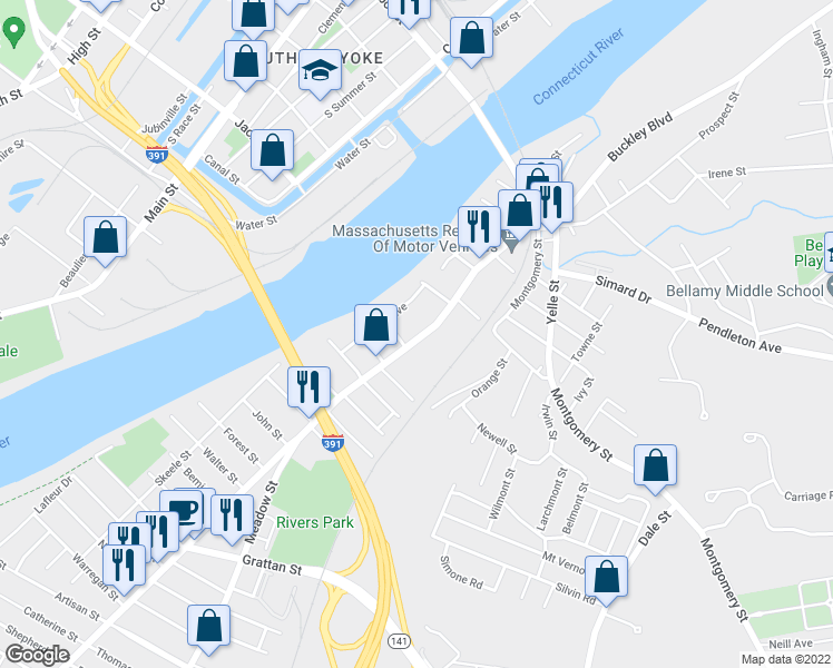 map of restaurants, bars, coffee shops, grocery stores, and more near in Chicopee