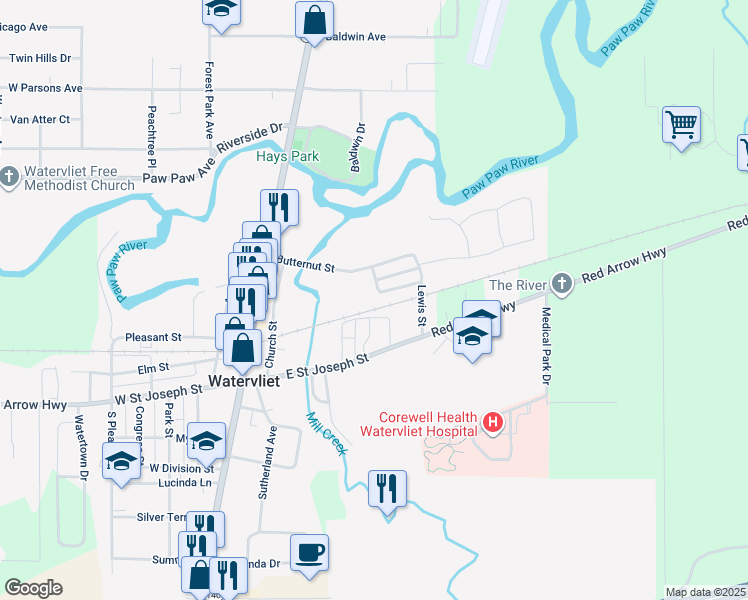 map of restaurants, bars, coffee shops, grocery stores, and more near 408 Walnut Street in Watervliet