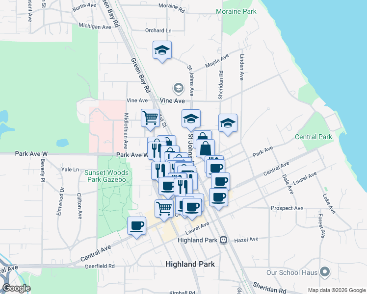 map of restaurants, bars, coffee shops, grocery stores, and more near 2024 Saint Johns Avenue in Highland Park