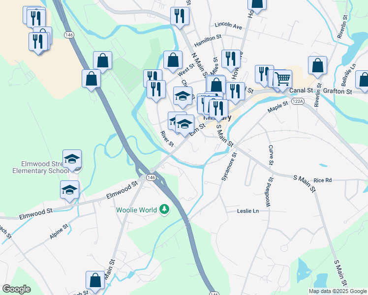 map of restaurants, bars, coffee shops, grocery stores, and more near 131 Elm Street in Millbury