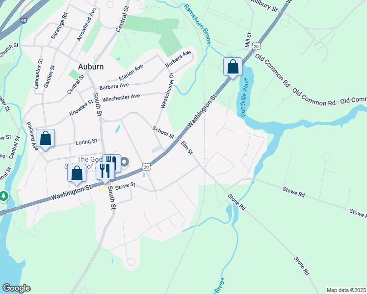 map of restaurants, bars, coffee shops, grocery stores, and more near 4 Elm Street in Auburn