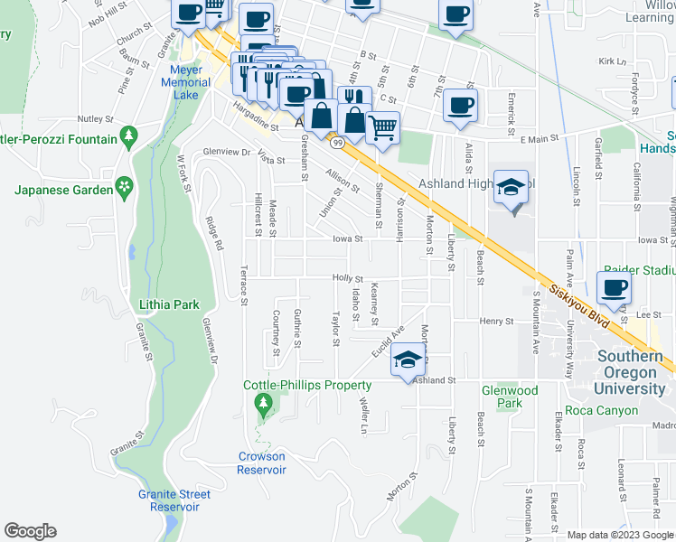 map of restaurants, bars, coffee shops, grocery stores, and more near 295 Idaho Street in Ashland