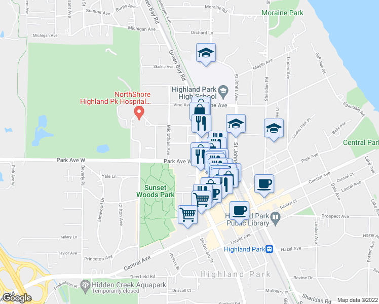 map of restaurants, bars, coffee shops, grocery stores, and more near in Highland Park