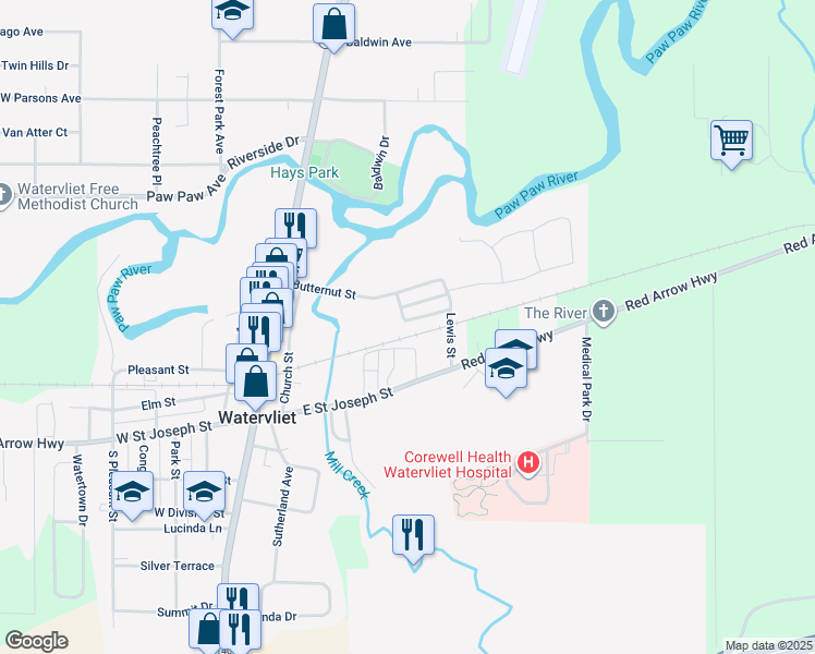 map of restaurants, bars, coffee shops, grocery stores, and more near 408 Walnut Street in Watervliet