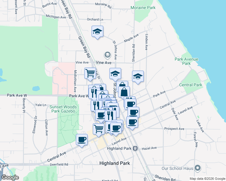 map of restaurants, bars, coffee shops, grocery stores, and more near 2022 Saint Johns Avenue in Highland Park