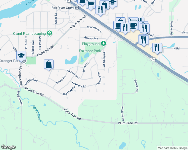 map of restaurants, bars, coffee shops, grocery stores, and more near 442 Hunters Way in Fox River Grove
