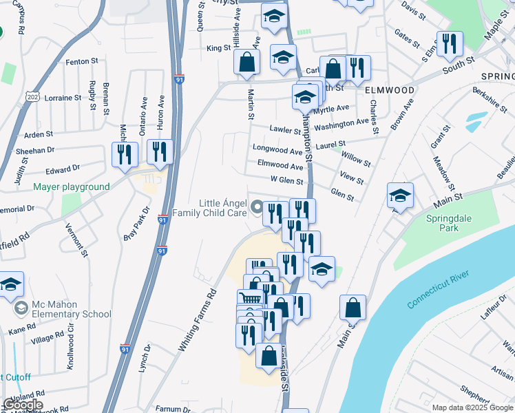 map of restaurants, bars, coffee shops, grocery stores, and more near 50 Gilman Street in Holyoke