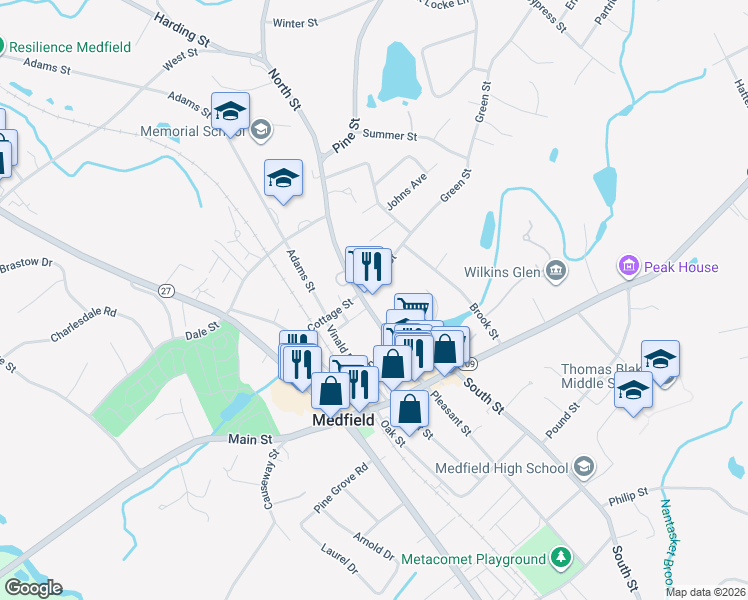 map of restaurants, bars, coffee shops, grocery stores, and more near 110 North Street in Medfield