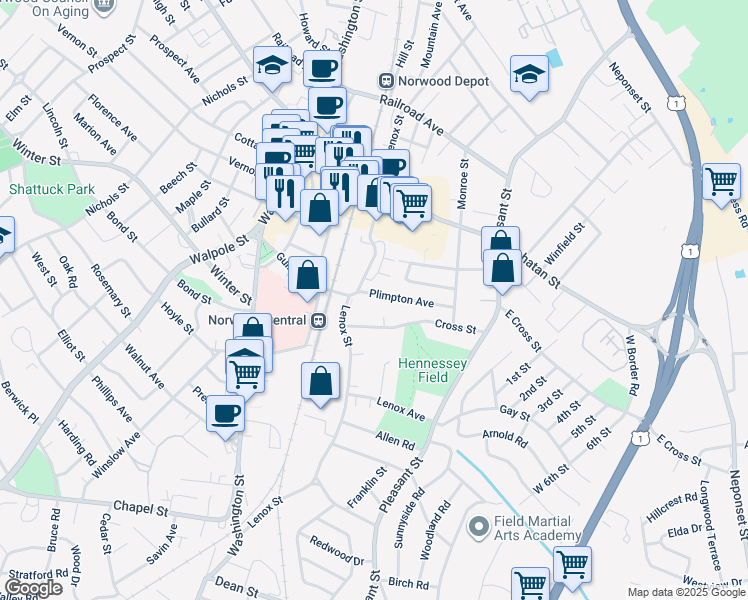 map of restaurants, bars, coffee shops, grocery stores, and more near 24 Cross Street in Norwood