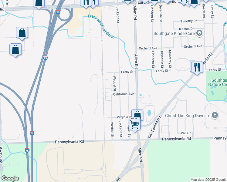 map of restaurants, bars, coffee shops, grocery stores, and more near 16300 Weddel Street in Taylor