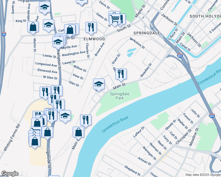 map of restaurants, bars, coffee shops, grocery stores, and more near 855 Main Street in Holyoke