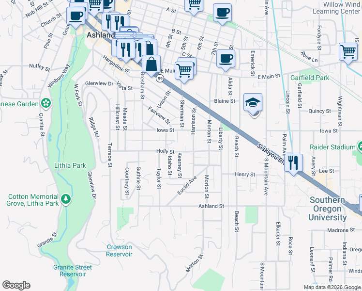 map of restaurants, bars, coffee shops, grocery stores, and more near 580 Holly Street in Ashland