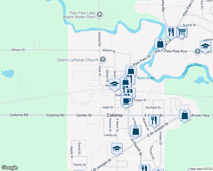 map of restaurants, bars, coffee shops, grocery stores, and more near 333 West Center Street in Coloma
