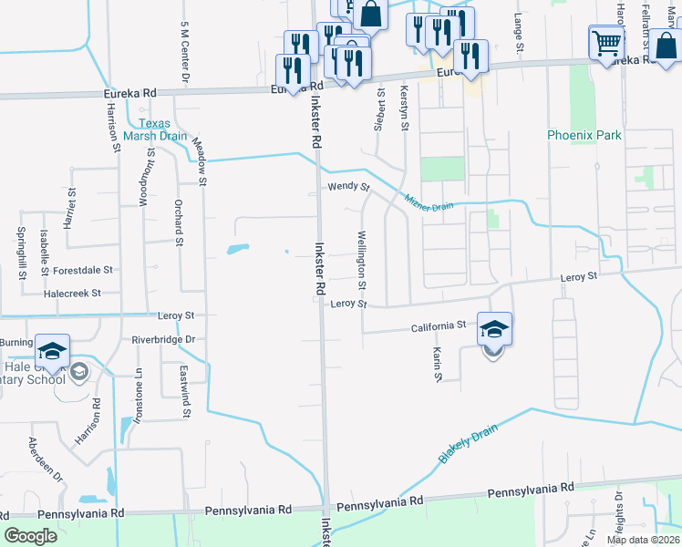 map of restaurants, bars, coffee shops, grocery stores, and more near 27248 Barbara Court in Taylor