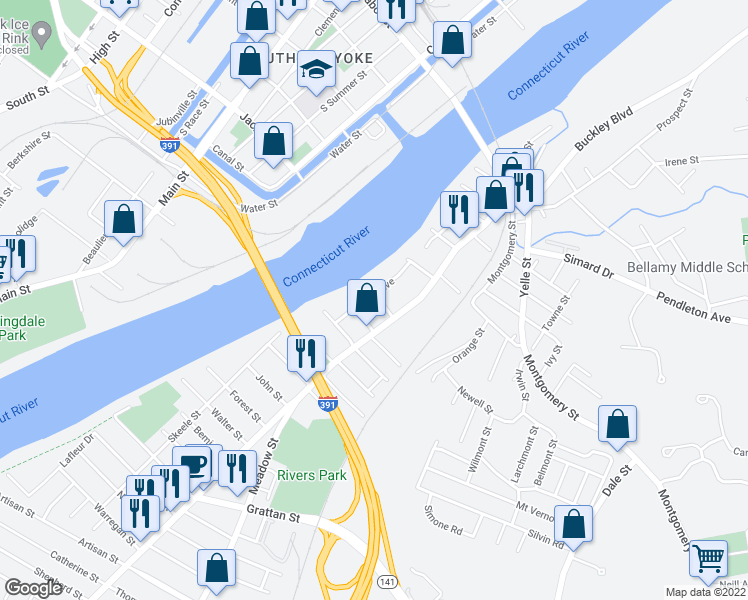 map of restaurants, bars, coffee shops, grocery stores, and more near 27 Adams Street in Chicopee