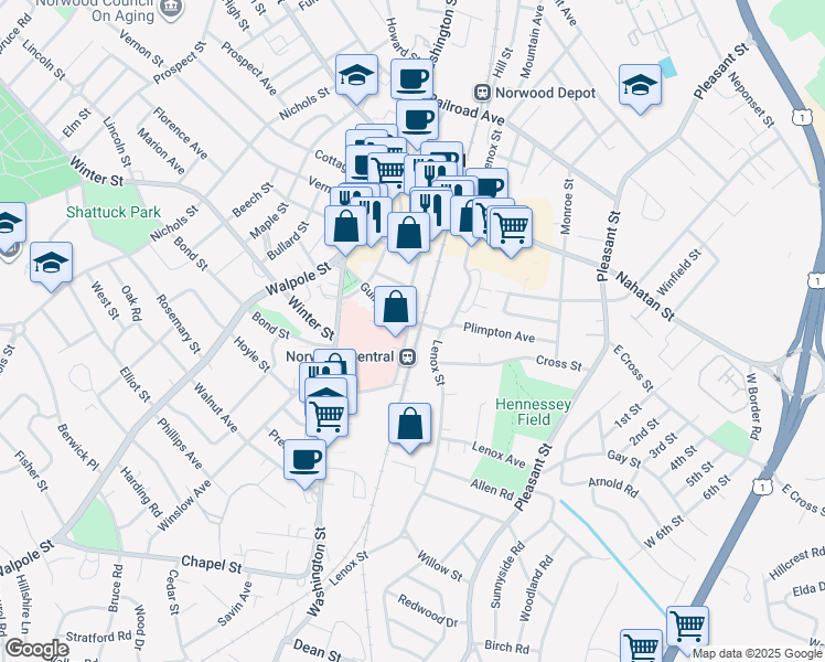 map of restaurants, bars, coffee shops, grocery stores, and more near 129 Guild Street in Norwood
