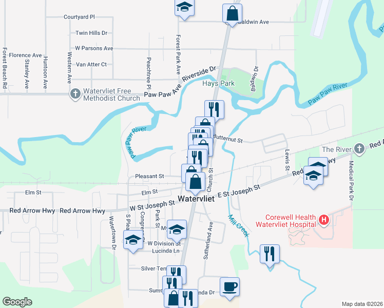 map of restaurants, bars, coffee shops, grocery stores, and more near 345 North Main Street in Watervliet
