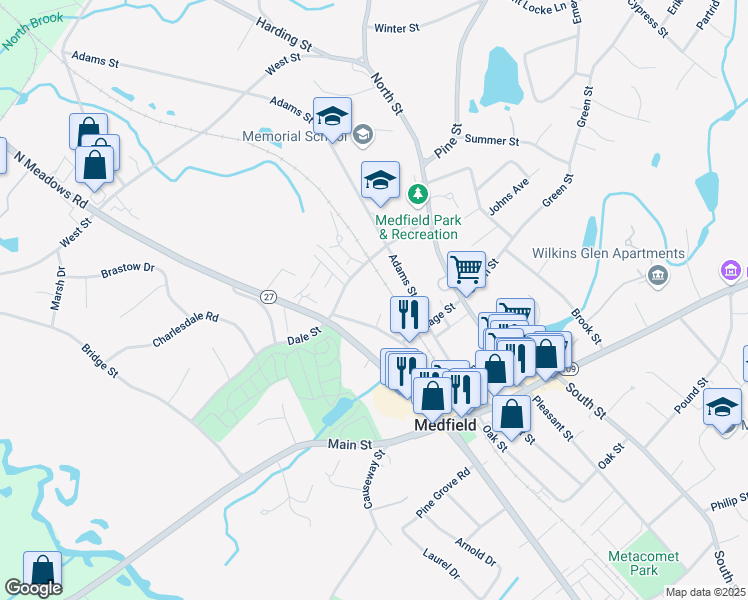 map of restaurants, bars, coffee shops, grocery stores, and more near 53 Frairy Street in Medfield