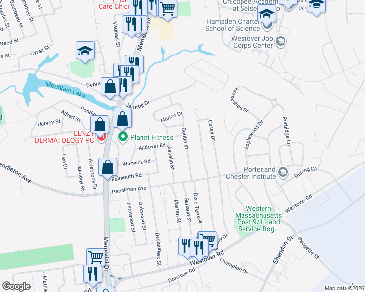 map of restaurants, bars, coffee shops, grocery stores, and more near 71 Asselin Street in Chicopee