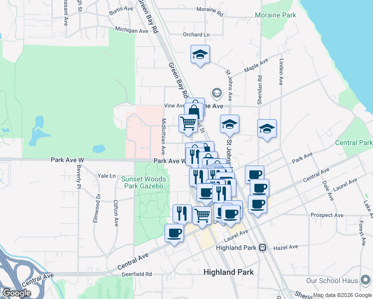 map of restaurants, bars, coffee shops, grocery stores, and more near 620 Homewood Avenue in Highland Park