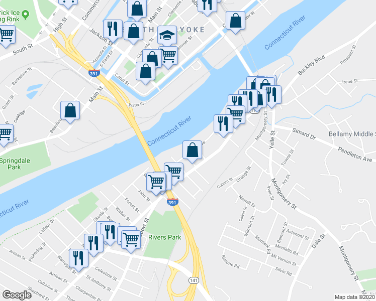 map of restaurants, bars, coffee shops, grocery stores, and more near 36 Rivers Avenue in Chicopee