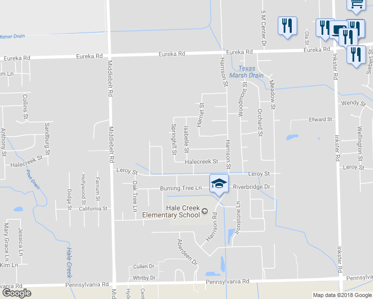 map of restaurants, bars, coffee shops, grocery stores, and more near 15800 Isabelle Street in Romulus