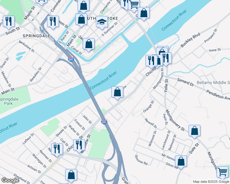 map of restaurants, bars, coffee shops, grocery stores, and more near 38 Rivers Avenue in Chicopee
