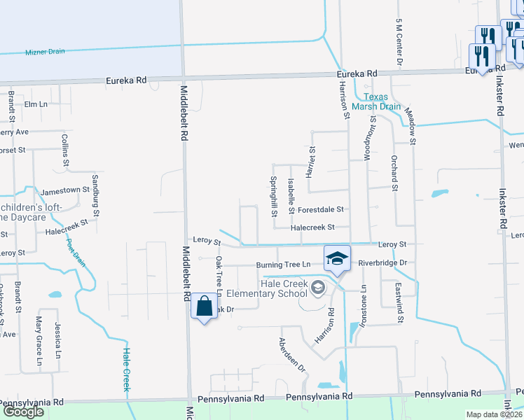 map of restaurants, bars, coffee shops, grocery stores, and more near 15830 Springhill Street in Romulus
