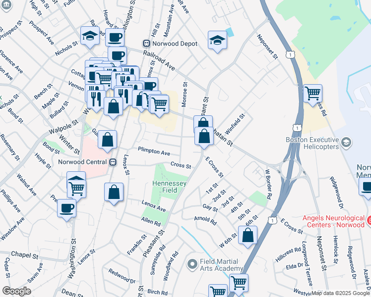 map of restaurants, bars, coffee shops, grocery stores, and more near 112 Cross Street in Norwood