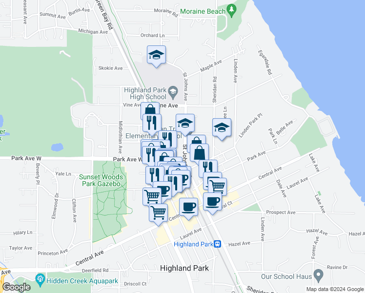 map of restaurants, bars, coffee shops, grocery stores, and more near 2008 Saint Johns Avenue in Highland Park