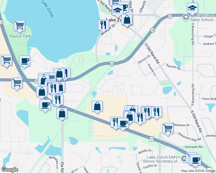 map of restaurants, bars, coffee shops, grocery stores, and more near 10 Rosehall Drive in Lake Zurich