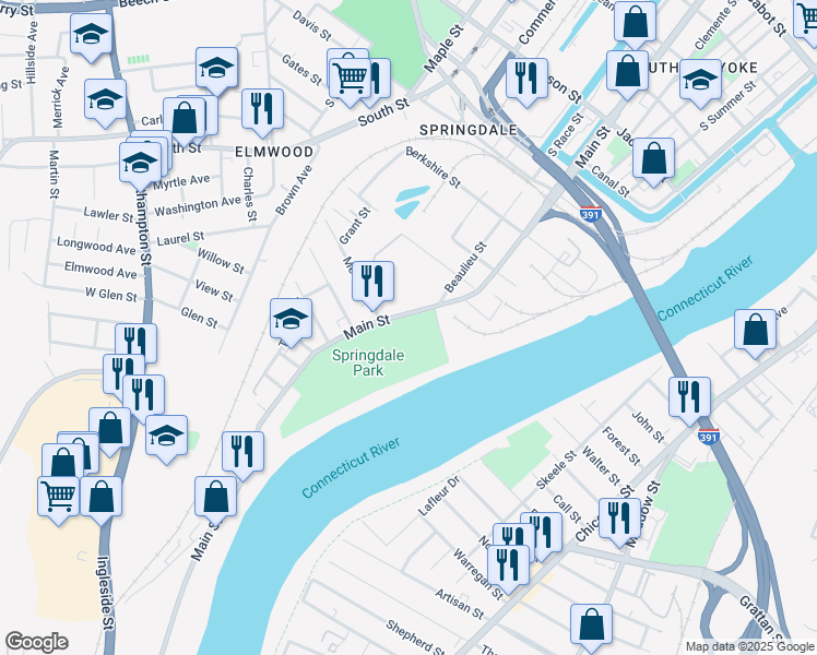 map of restaurants, bars, coffee shops, grocery stores, and more near 814 Main Street in Holyoke