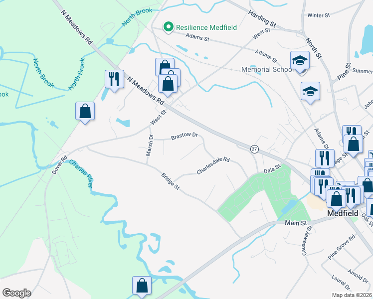 map of restaurants, bars, coffee shops, grocery stores, and more near 7 Baker Road in Medfield