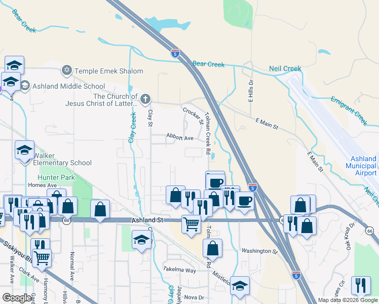 map of restaurants, bars, coffee shops, grocery stores, and more near Audry Cir in Ashland