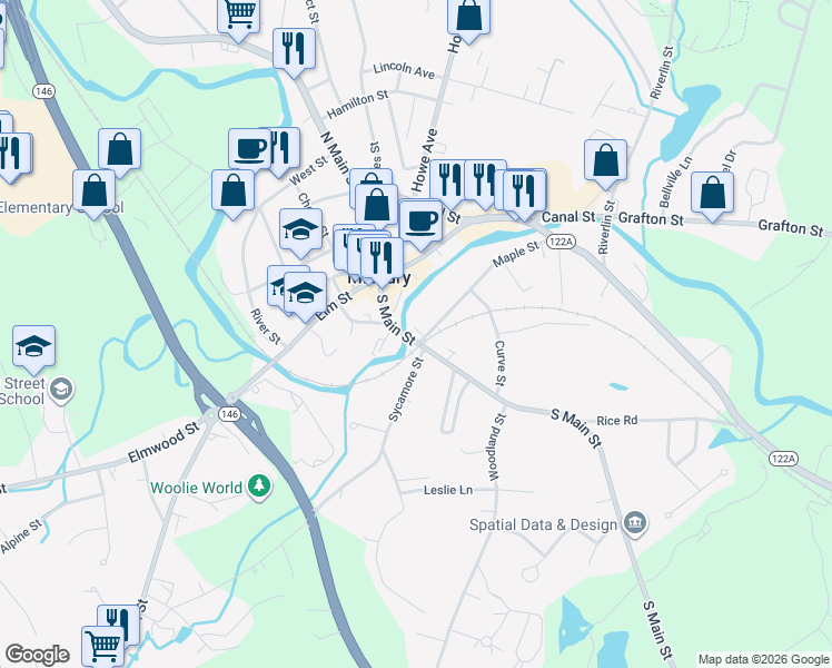 map of restaurants, bars, coffee shops, grocery stores, and more near 25 South Main Street in Millbury