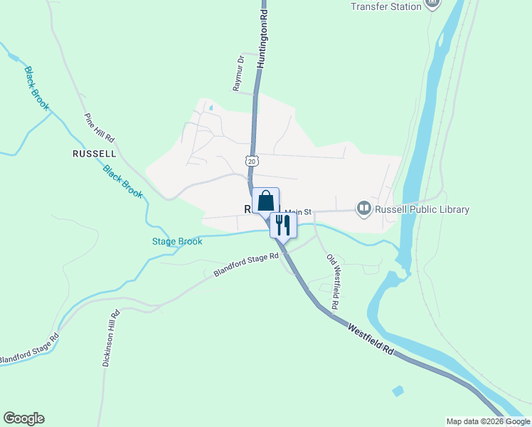 map of restaurants, bars, coffee shops, grocery stores, and more near 4 Main Street in Russell