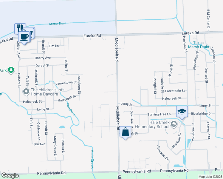 map of restaurants, bars, coffee shops, grocery stores, and more near 15822 Middlebelt Road in Romulus