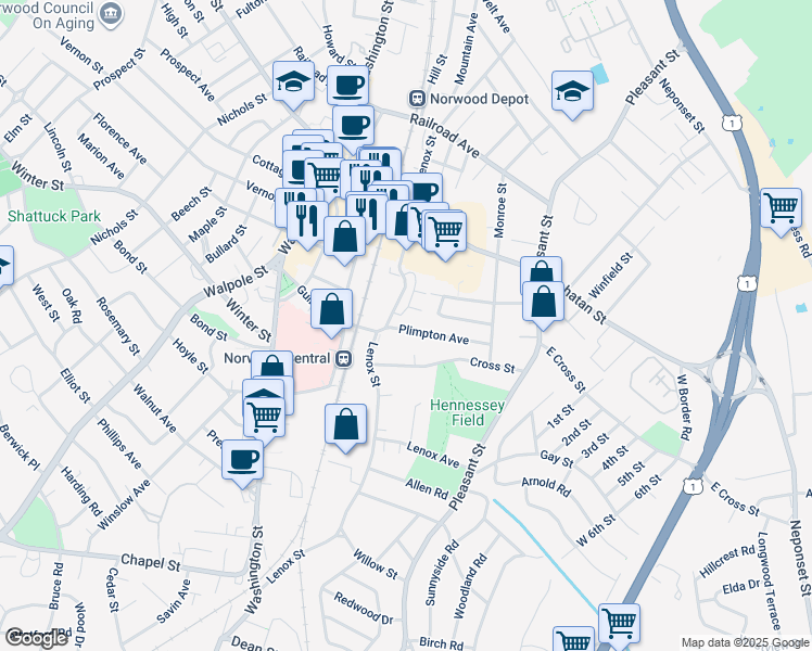 map of restaurants, bars, coffee shops, grocery stores, and more near 24 Cross Street in Norwood