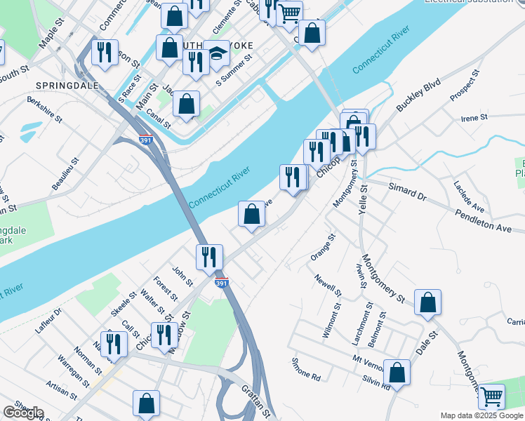 map of restaurants, bars, coffee shops, grocery stores, and more near in Chicopee