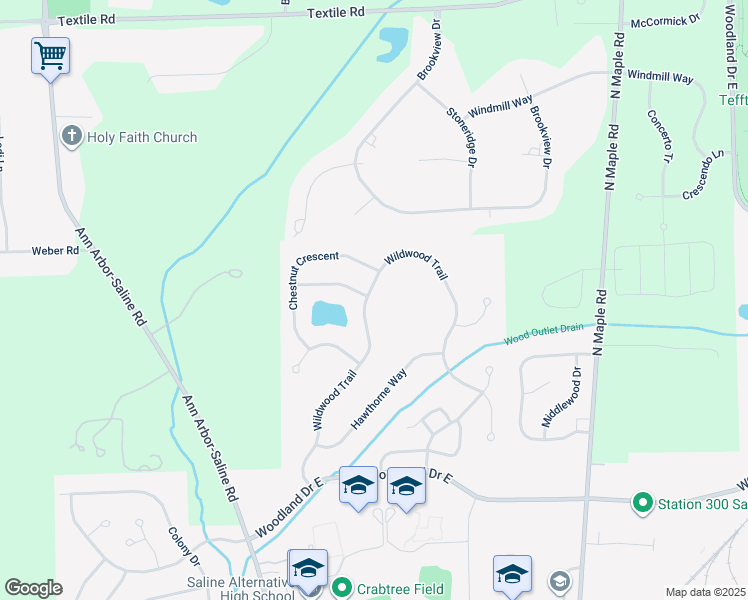 map of restaurants, bars, coffee shops, grocery stores, and more near 2194 Wildwood Trail in Saline