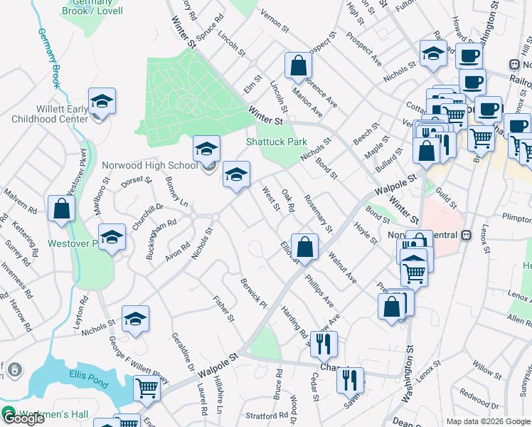 map of restaurants, bars, coffee shops, grocery stores, and more near 75 Elliot Street in Norwood