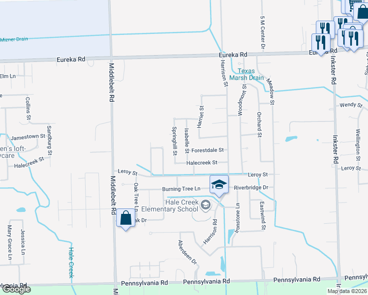 map of restaurants, bars, coffee shops, grocery stores, and more near 28722 Halecreek Street in Romulus