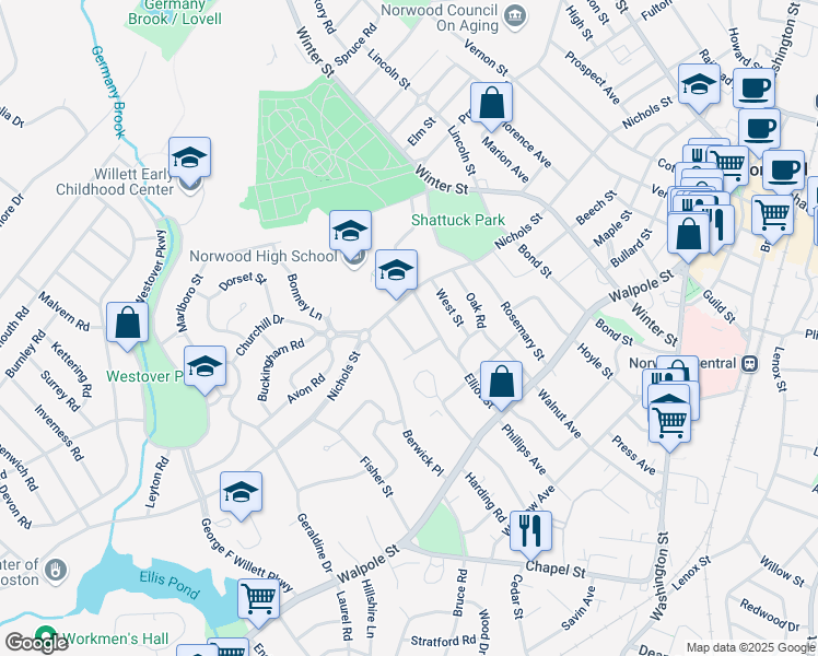 map of restaurants, bars, coffee shops, grocery stores, and more near 236 Nichols Street in Norwood