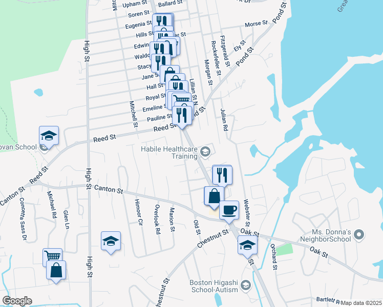 map of restaurants, bars, coffee shops, grocery stores, and more near 1027 North Main Street in Randolph